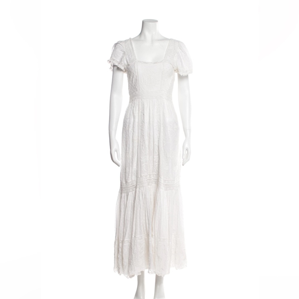 LoveShackFancy Square Neck Cotton Dress - Lace and Embroidered Details